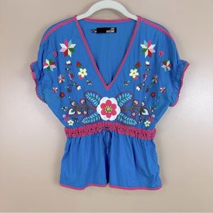Love Moschino Blue Floral Embroidered Beaded Top Blouse Top 2 Festival Coachella